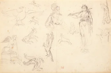 Djur- och figurstudier (svart krita på bundet papper)